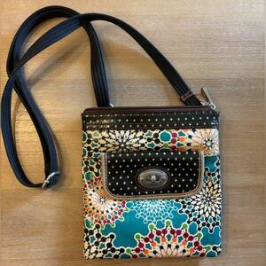 Fossil Key-Per Coated Canvas Crossbody Bag Multi-color Paisley Floral Turn Lock